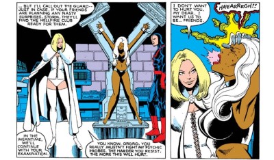 Emma Frost in a sexy outfit, normal breasts.