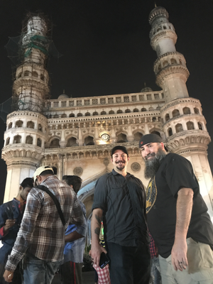 The Charminar - stands for four towers. Imagine a swap meet with THOUSANDS of people crammed together so you can barely move. Now imagine cars and motorcycles and mopeds just driving through all of that madness? That was this. Especially during Ramadan - which is their holy fasting thing - and the peak of this madness. I joked that this was the album cover for me and Merlin (my co-worker in the photos with me) metal album.