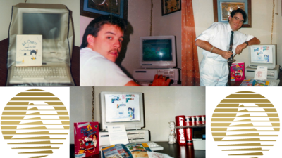 Tandy 1000 SX cover, my friend Mike Day playing Hero's Quest, me as Leisure Suit Larry, the Tandy 100 SX uncovered