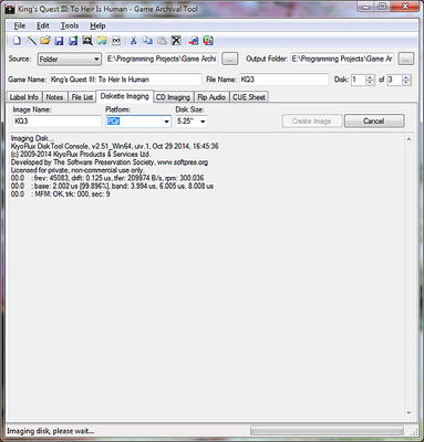 Imaging started using the Game Archival Tool